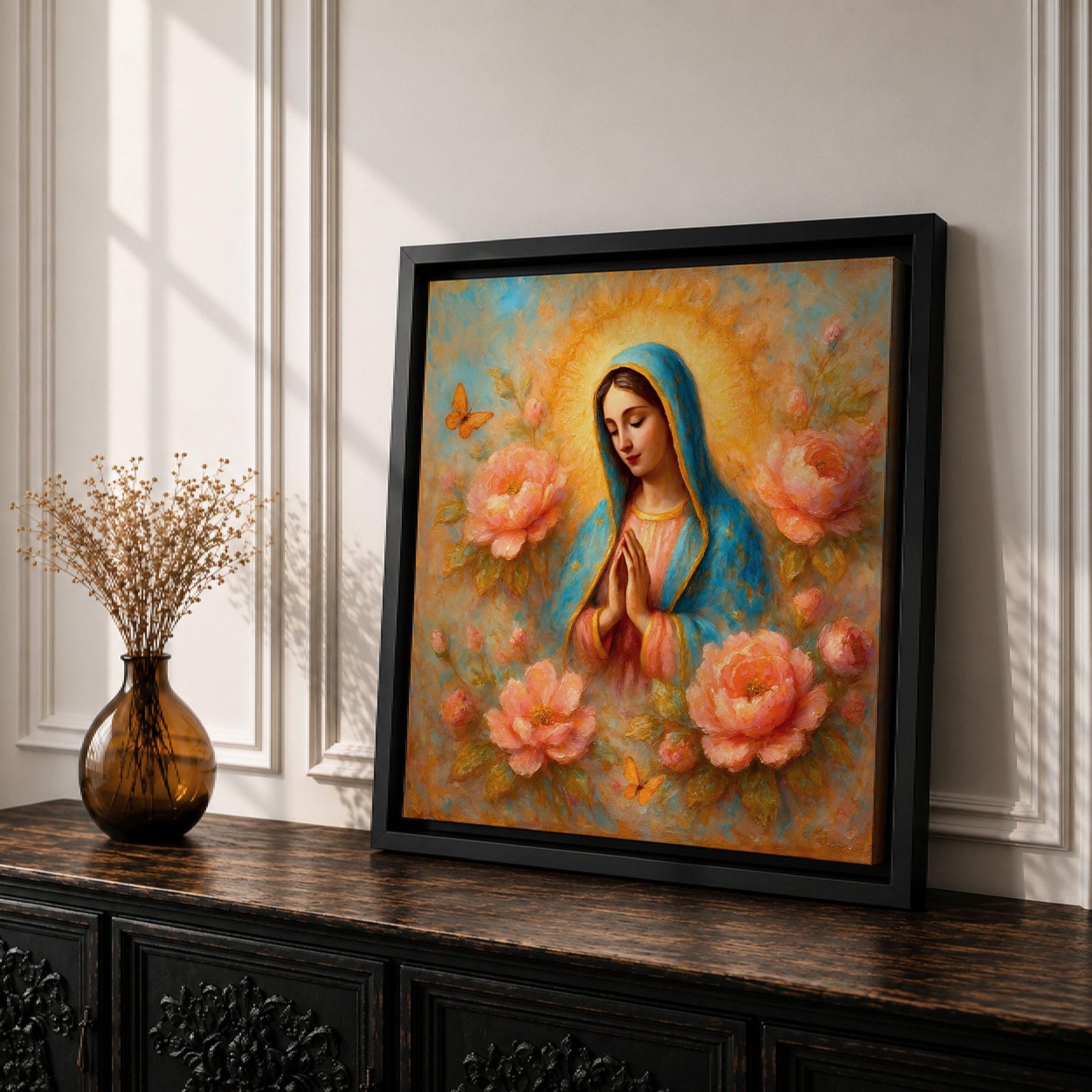 Our Lady of Guadalupe Wall Art La Guadalupana Framed Canvas Floral Catholic Home Decor