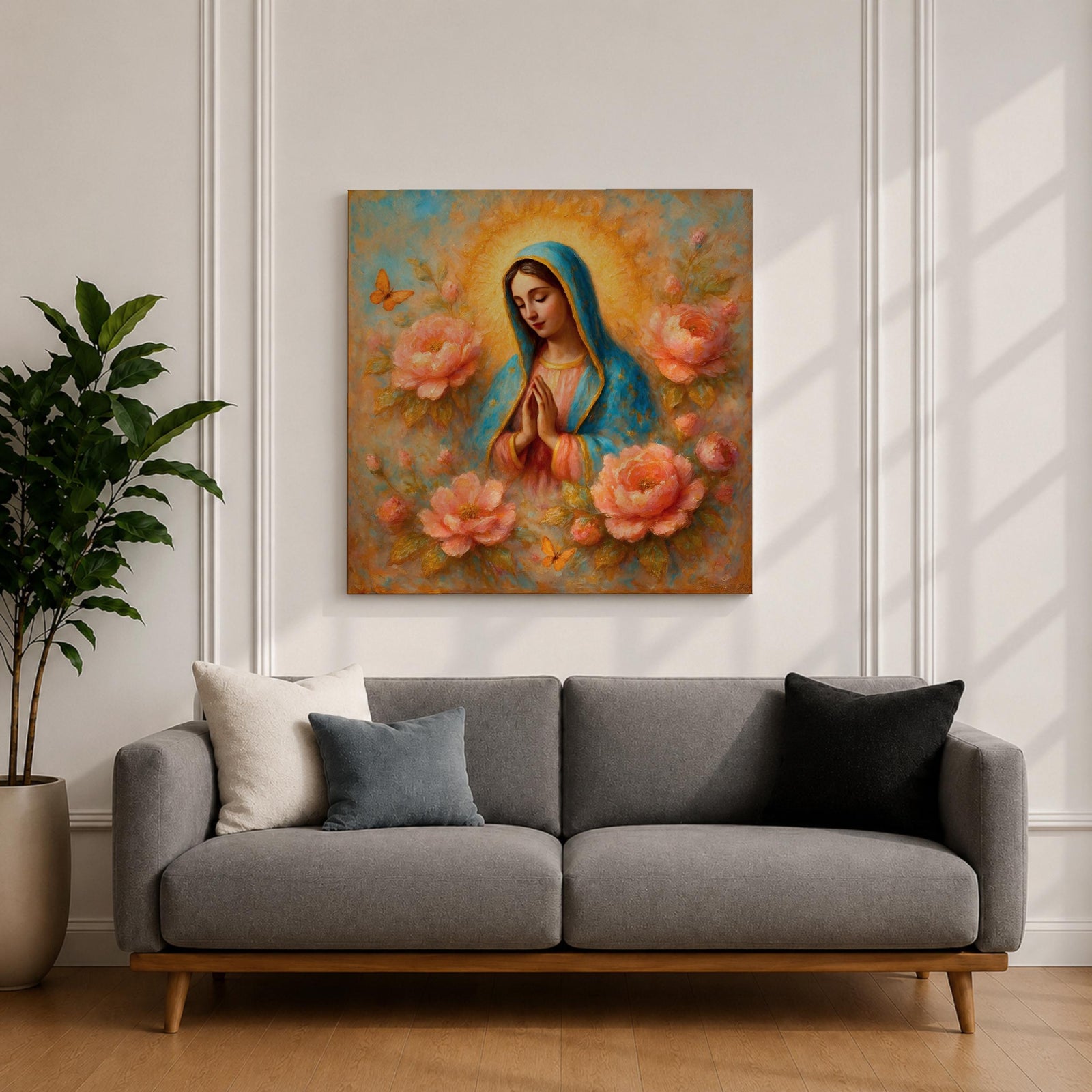 Our Lady of Guadalupe Wall Art La Guadalupana Framed Canvas Floral Catholic Home Decor