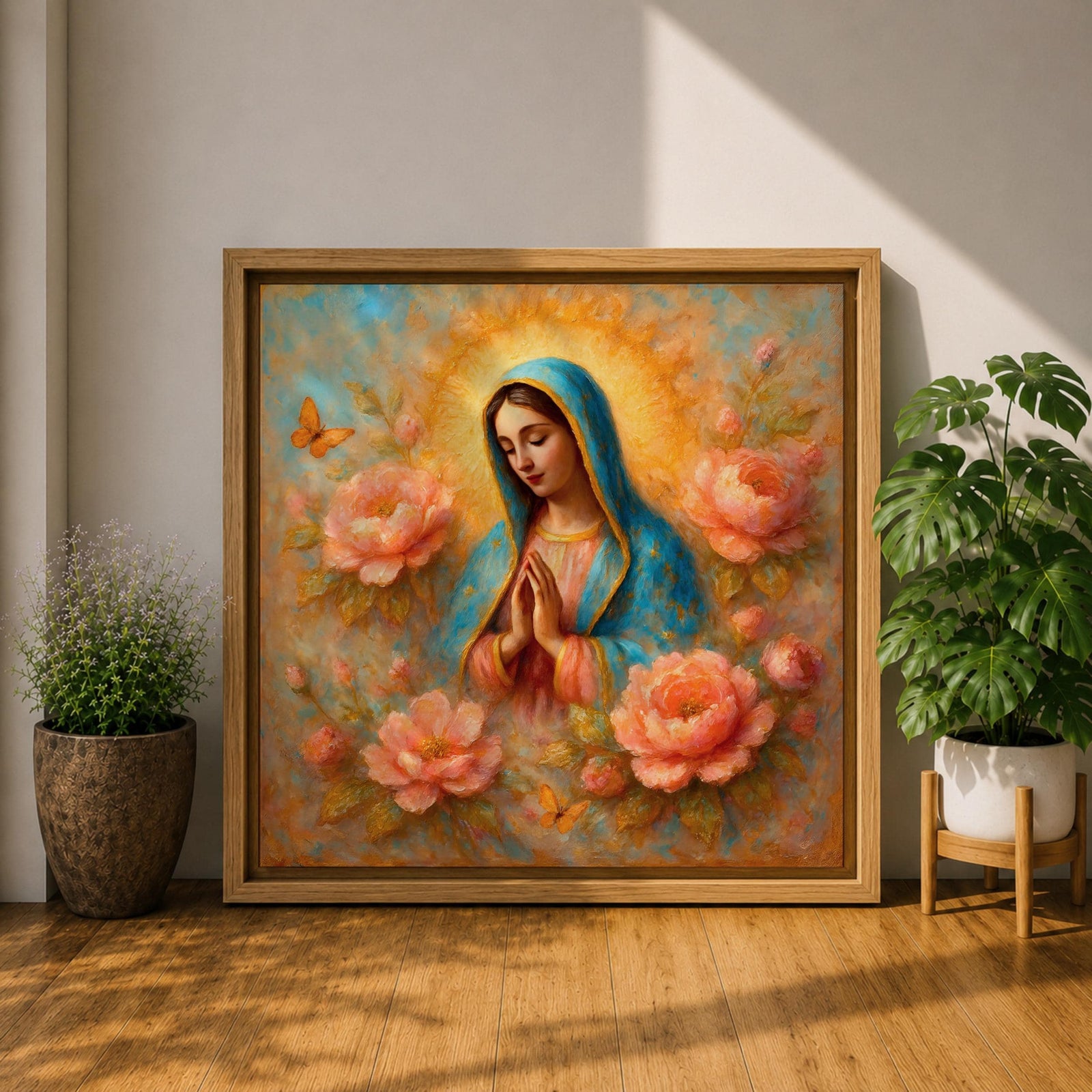 Our Lady of Guadalupe Wall Art La Guadalupana Framed Canvas Floral Catholic Home Decor