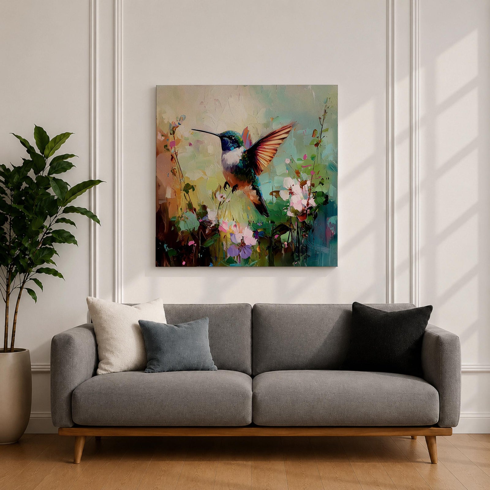 Hummingbird Wall Art Garden Bird Framed Canvas Floral Nature Impasto Boho Home Decor
