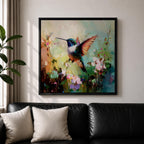 Hummingbird Wall Art Garden Bird Framed Canvas Floral Nature Impasto Boho Home Decor