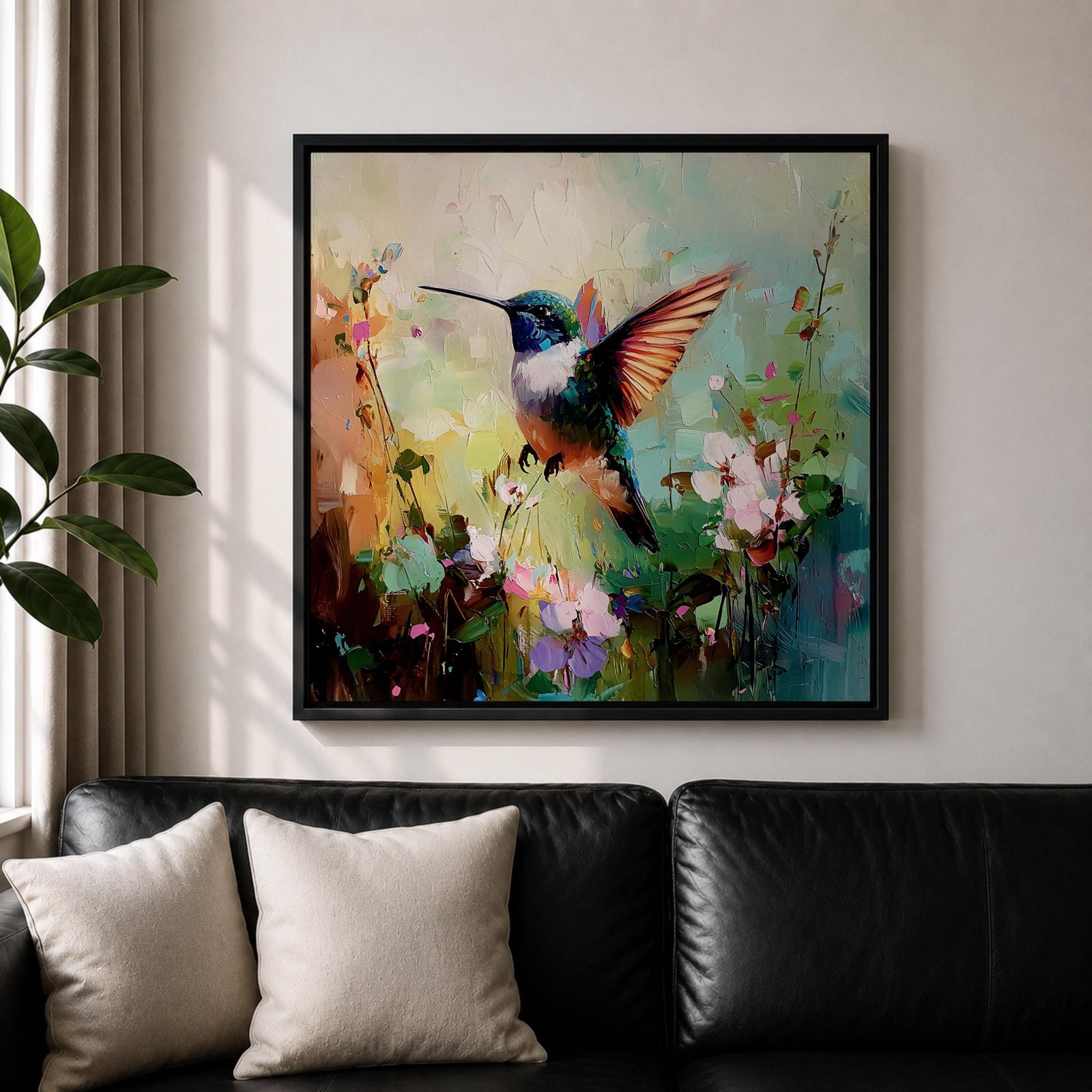 Hummingbird Wall Art Garden Bird Framed Canvas Floral Nature Impasto Boho Home Decor