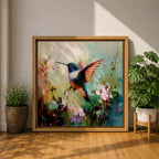 Hummingbird Wall Art Garden Bird Framed Canvas Floral Nature Impasto Boho Home Decor