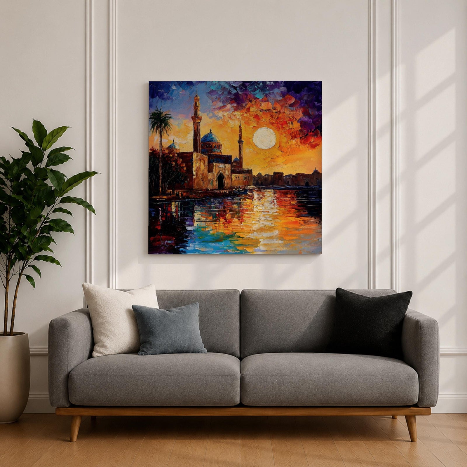 Mosque Wall Art Masjid Landscape Framed Canvas Sunset Impasto Islamic Home Decor