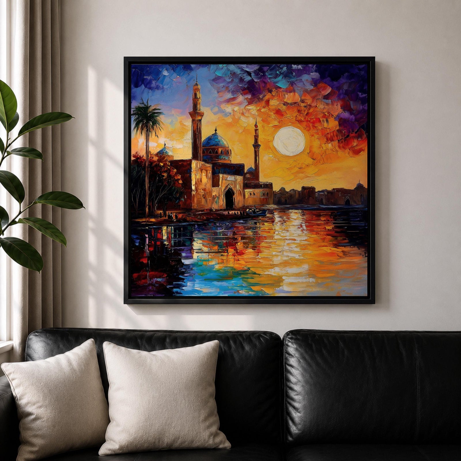 Mosque Wall Art Masjid Landscape Framed Canvas Sunset Impasto Islamic Home Decor
