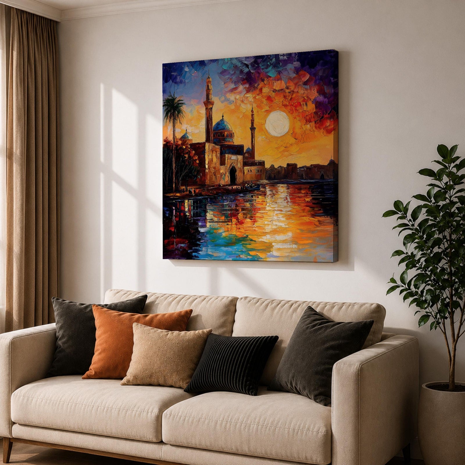Mosque Wall Art Masjid Landscape Framed Canvas Sunset Impasto Islamic Home Decor