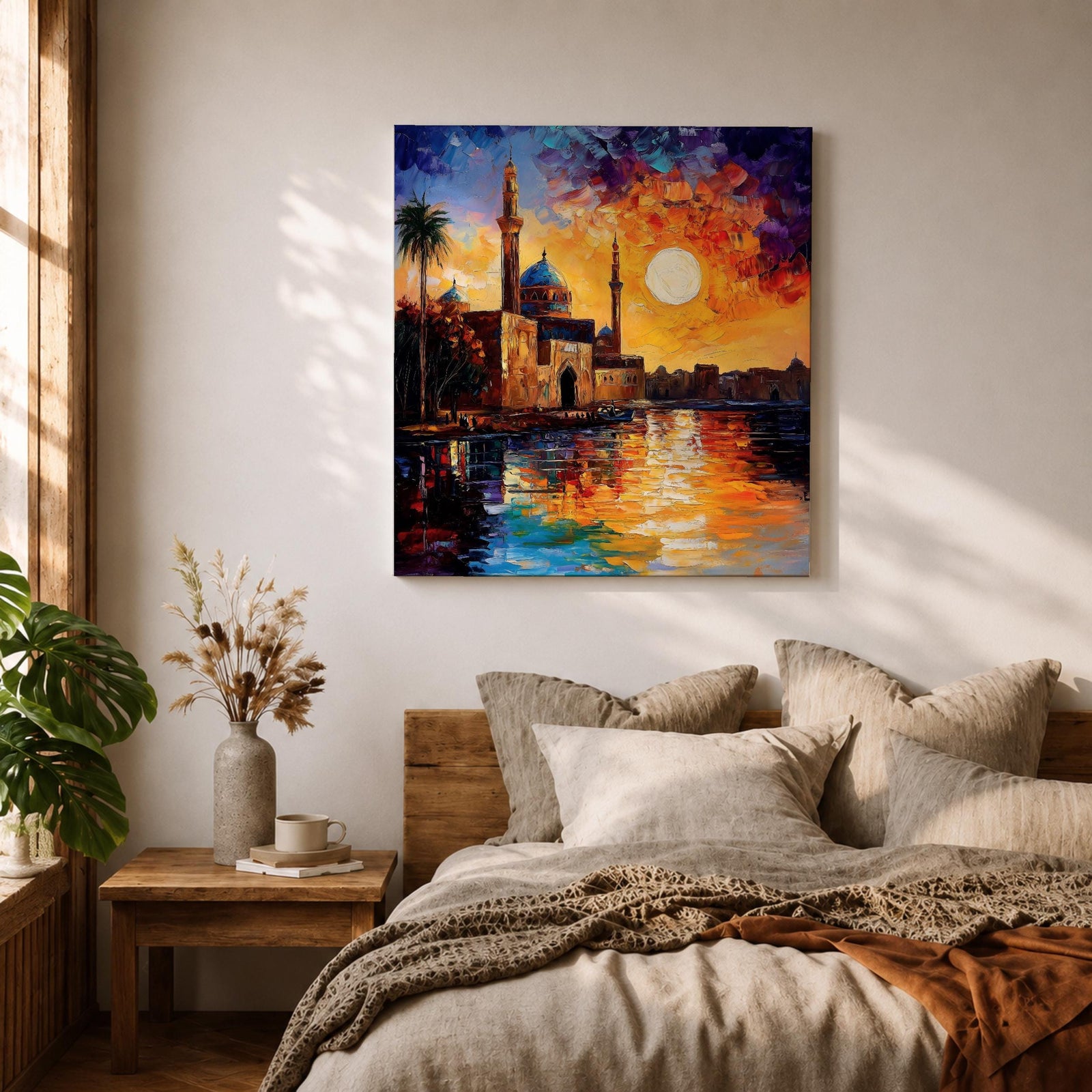 Mosque Wall Art Masjid Landscape Framed Canvas Sunset Impasto Islamic Home Decor