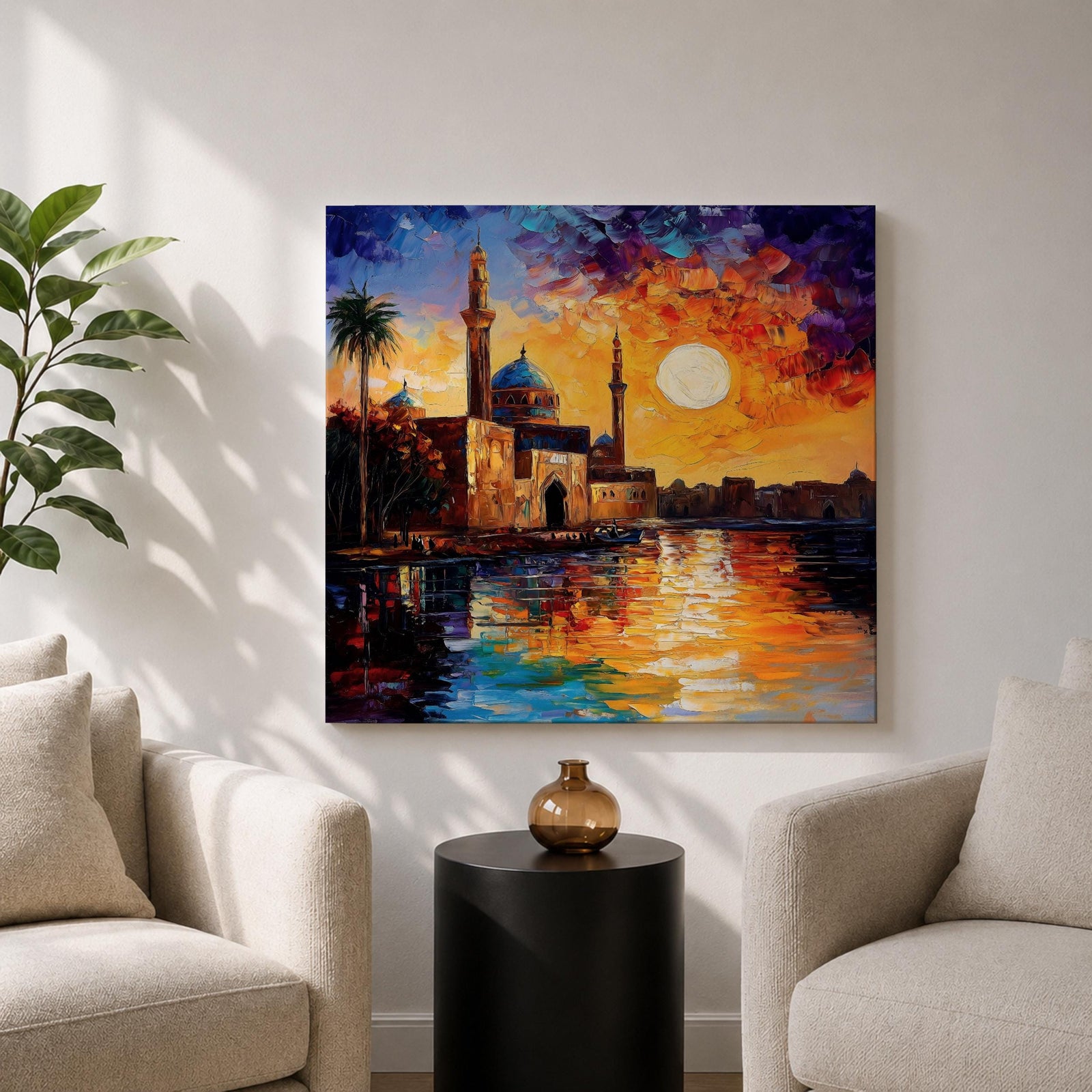 Mosque Wall Art Masjid Landscape Framed Canvas Sunset Impasto Islamic Home Decor