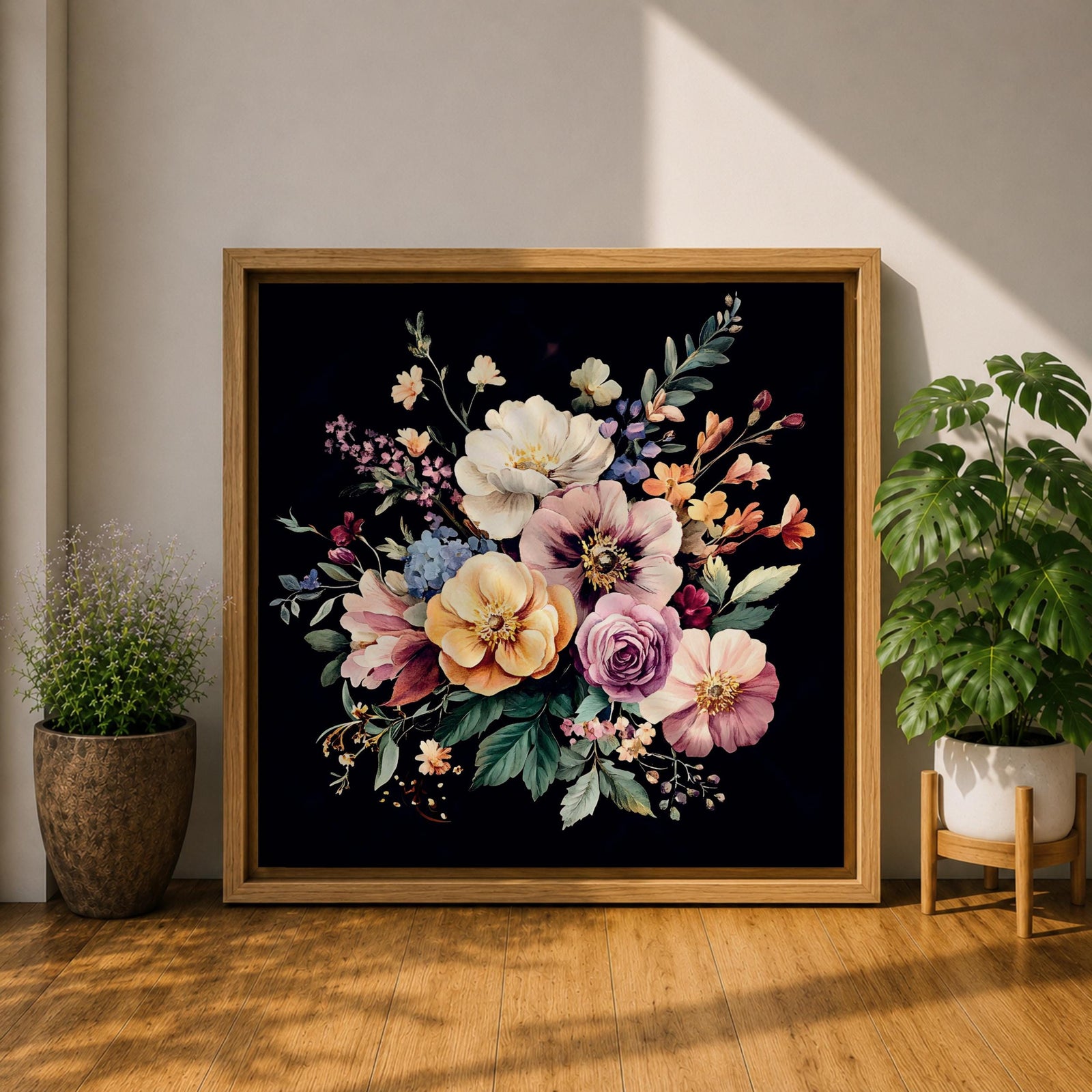 Dark Floral Bouquet Wall Art Botanical Flower Arrangement Framed Canvas Boho Home Decor