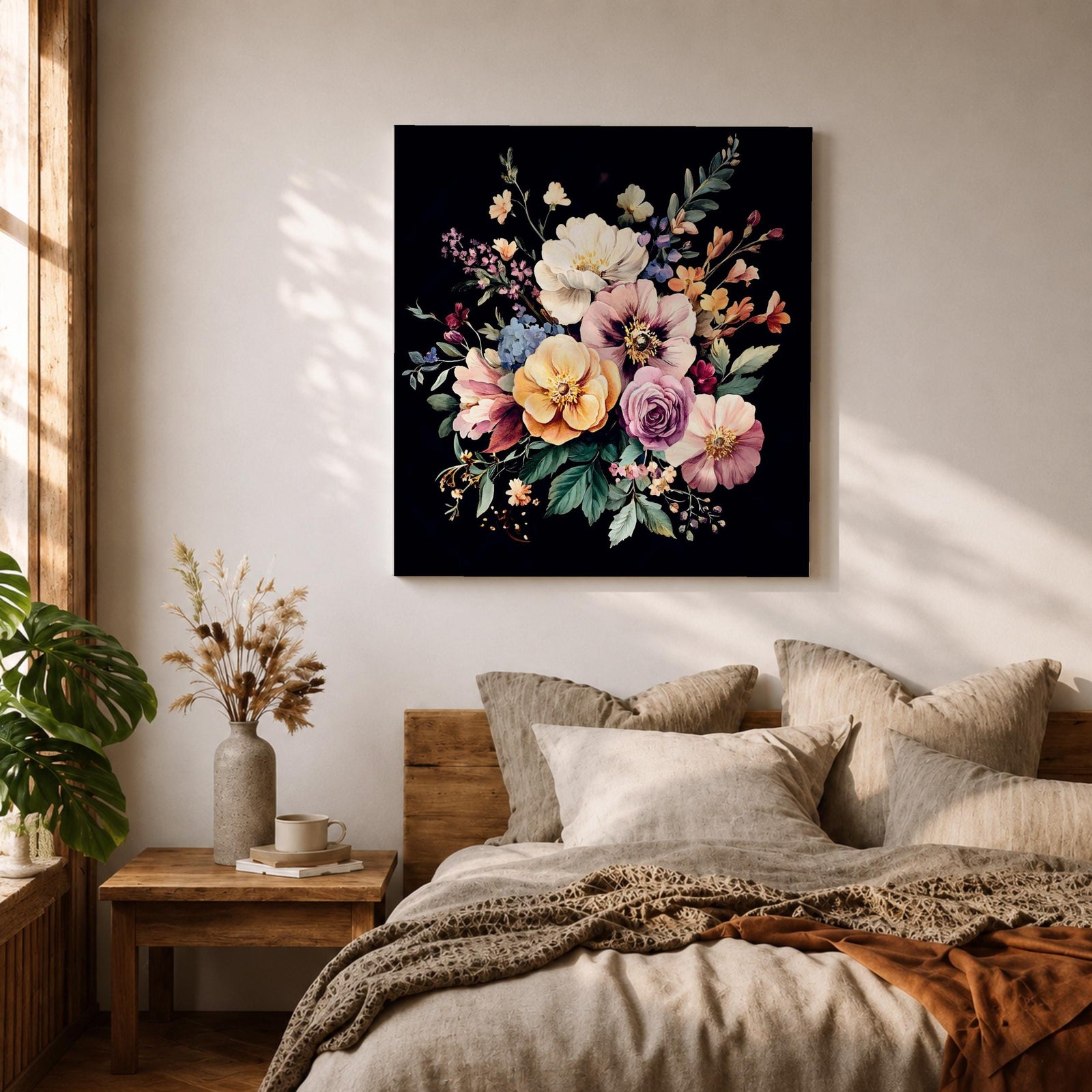 Dark Floral Bouquet Wall Art Botanical Flower Arrangement Framed Canvas Boho Home Decor
