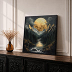 Moon Mountain Wall Art Night Landscape Framed Canvas Forest River Rustic Home Decor
