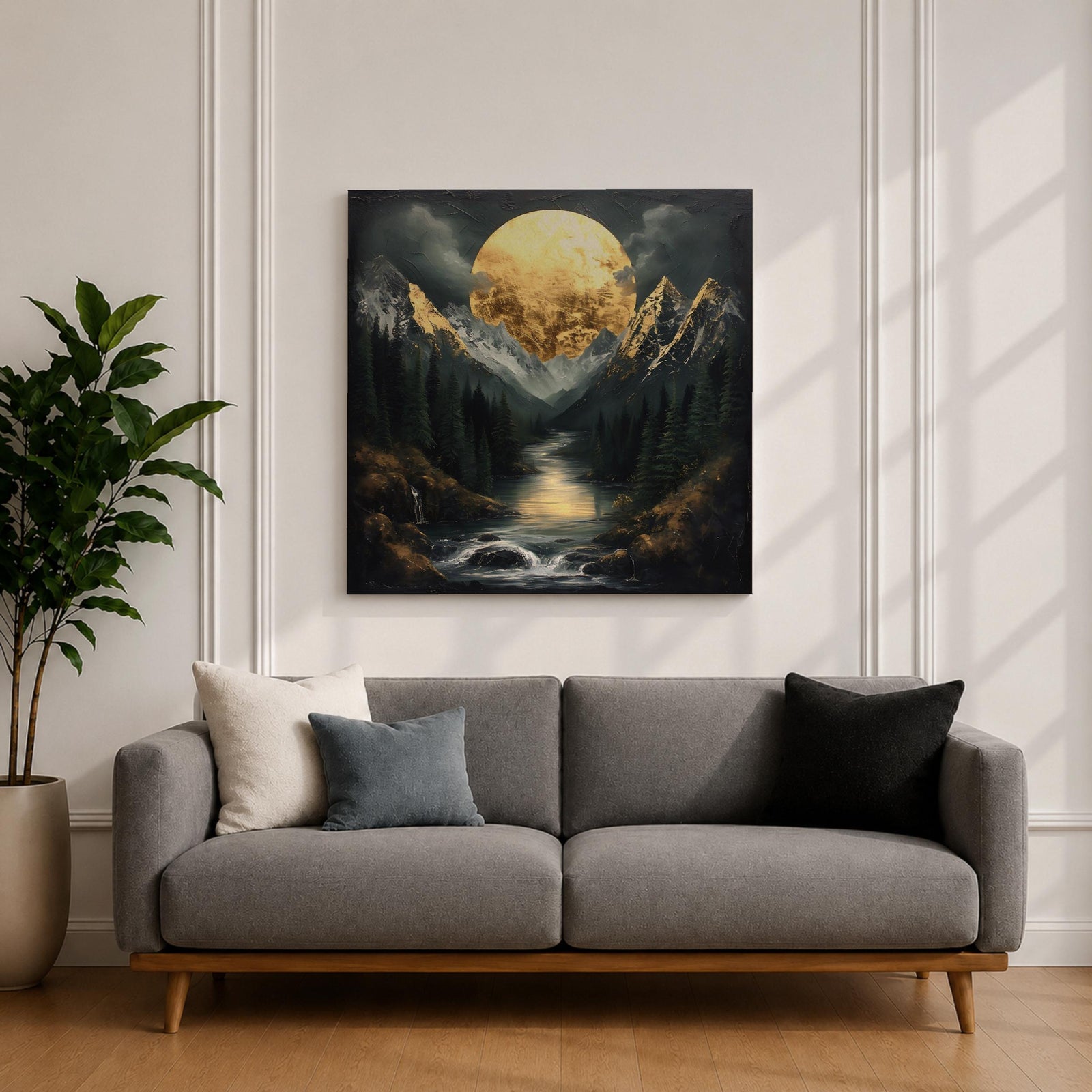 Moon Mountain Wall Art Night Landscape Framed Canvas Forest River Rustic Home Decor