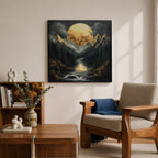Moon Mountain Wall Art Night Landscape Framed Canvas Forest River Rustic Home Decor