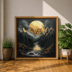 Moon Mountain Wall Art Night Landscape Framed Canvas Forest River Rustic Home Decor