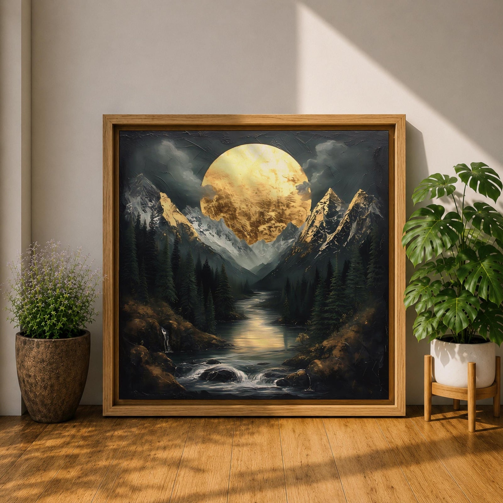 Moon Mountain Wall Art Night Landscape Framed Canvas Forest River Rustic Home Decor