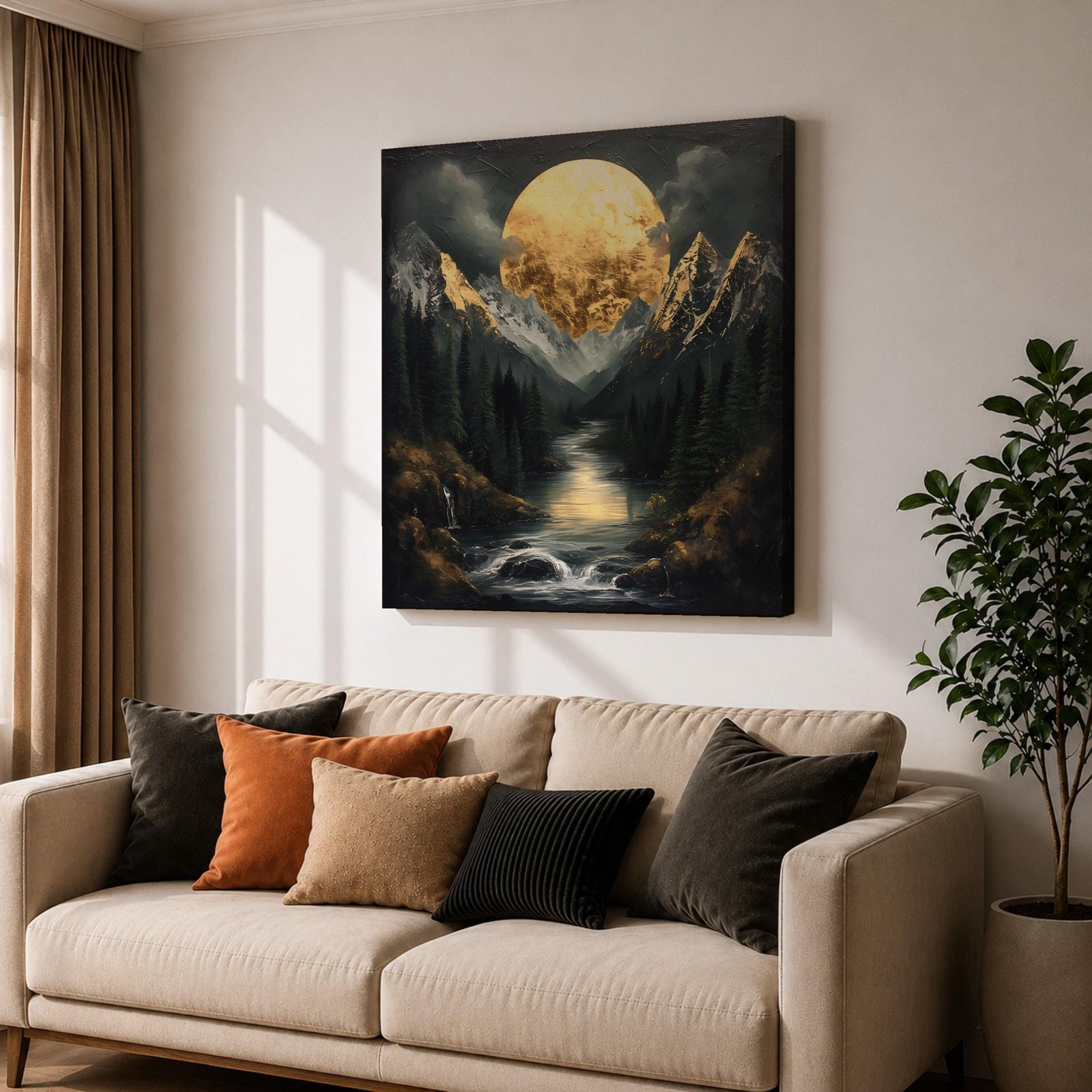Moon Mountain Wall Art Night Landscape Framed Canvas Forest River Rustic Home Decor