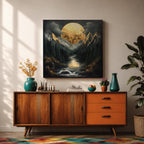 Moon Mountain Wall Art Night Landscape Framed Canvas Forest River Rustic Home Decor