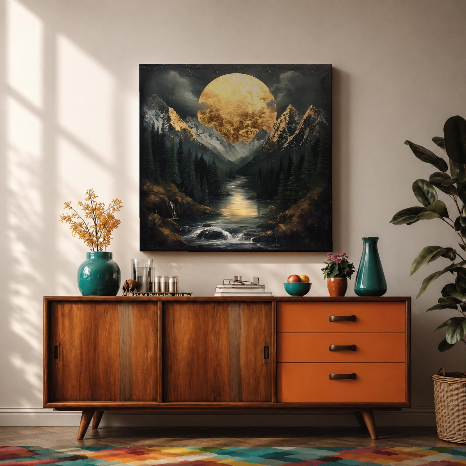 Moon Mountain Wall Art Night Landscape Framed Canvas Forest River Rustic Home Decor