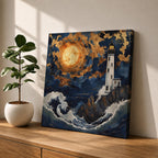 Lighthouse Wall Art Nautical Beacon Tower Framed Canvas Coastal Moonlit Seascape Living Room Decor