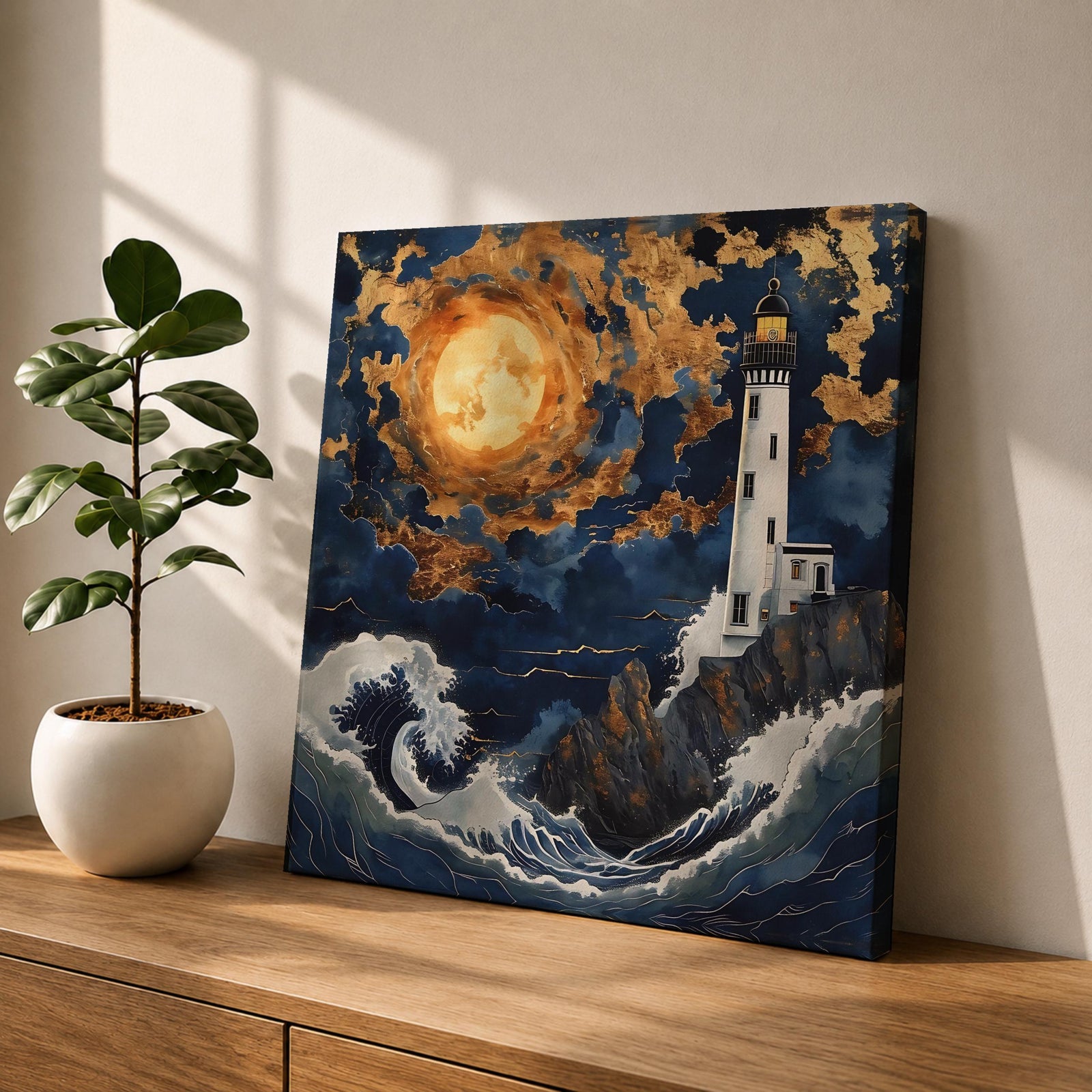 Lighthouse Wall Art Nautical Beacon Tower Framed Canvas Coastal Moonlit Seascape Living Room Decor