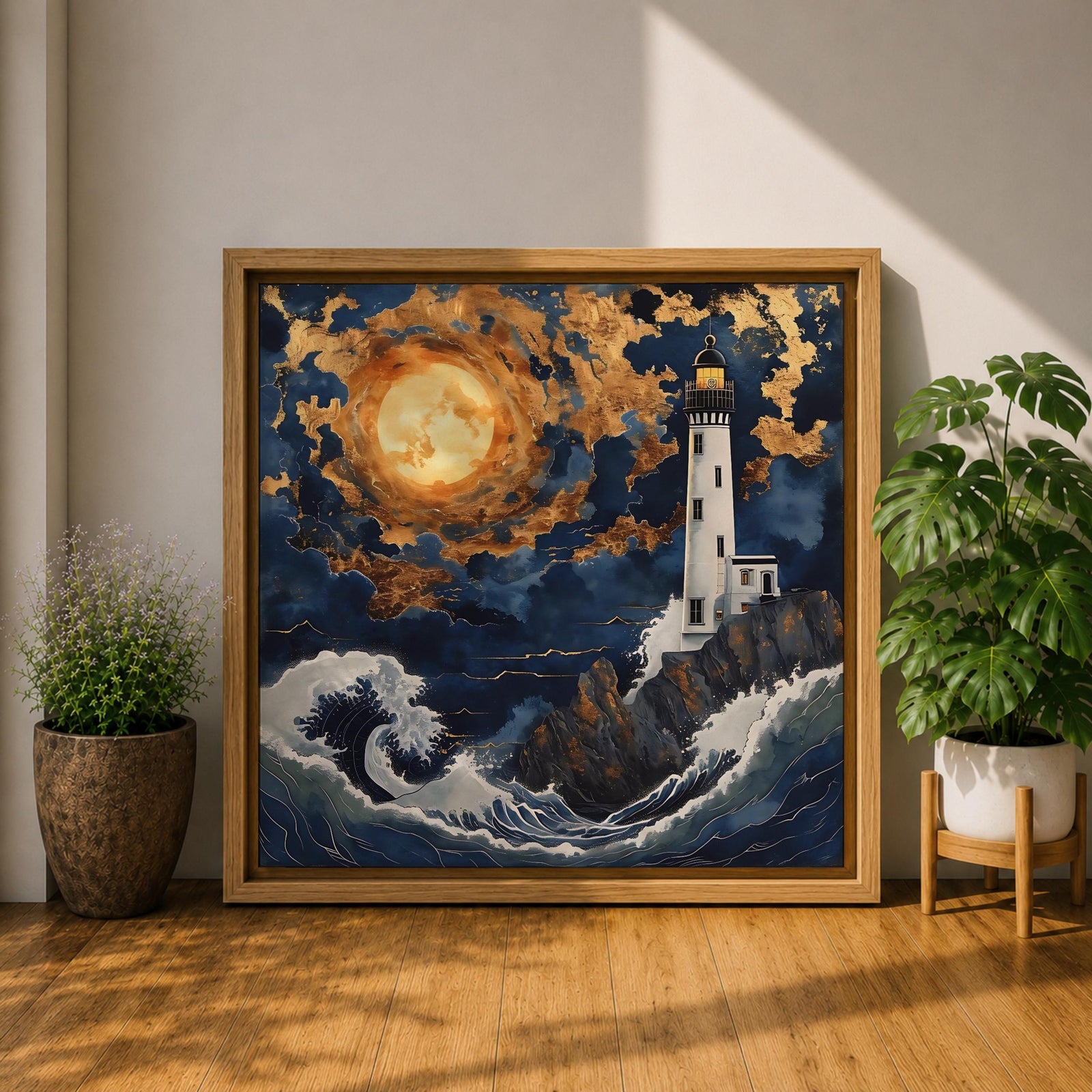 Lighthouse Wall Art Nautical Beacon Tower Framed Canvas Coastal Moonlit Seascape Living Room Decor