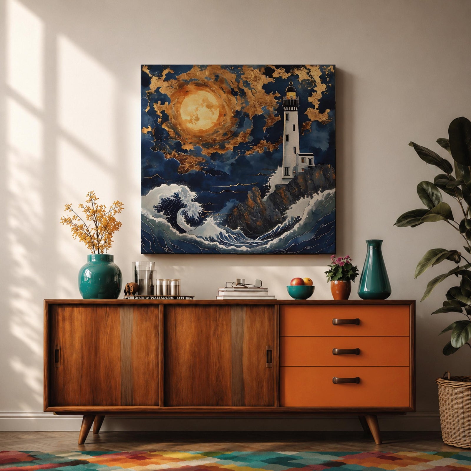 Lighthouse Wall Art Nautical Beacon Tower Framed Canvas Coastal Moonlit Seascape Living Room Decor