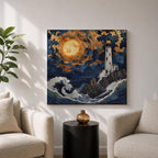 Lighthouse Wall Art Nautical Beacon Tower Framed Canvas Coastal Moonlit Seascape Living Room Decor