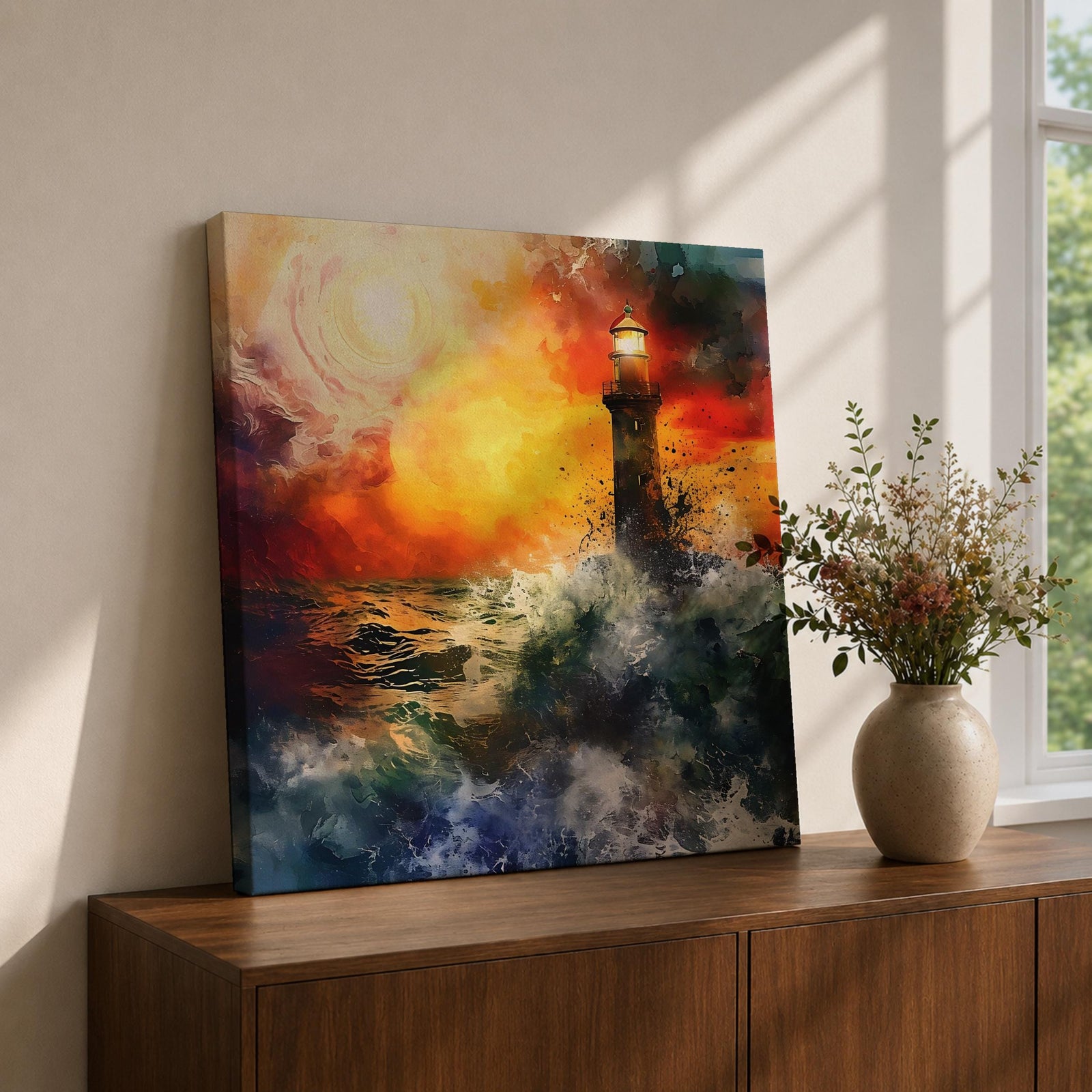 Lighthouse Wall Art Nautical Beacon Framed Canvas Coastal Ocean Storm Seascape Living Room Decor