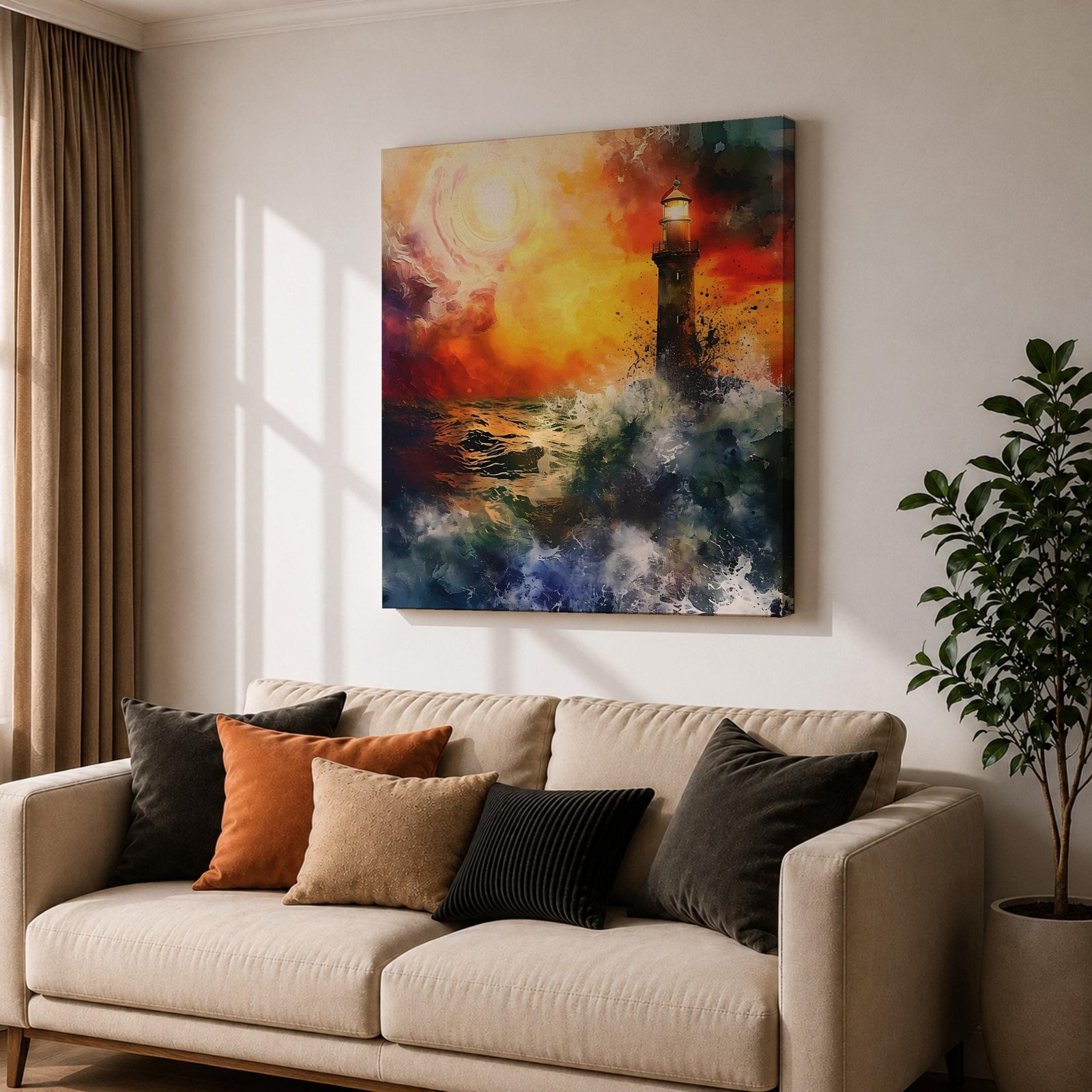 Lighthouse Wall Art Nautical Beacon Framed Canvas Coastal Ocean Storm Seascape Living Room Decor