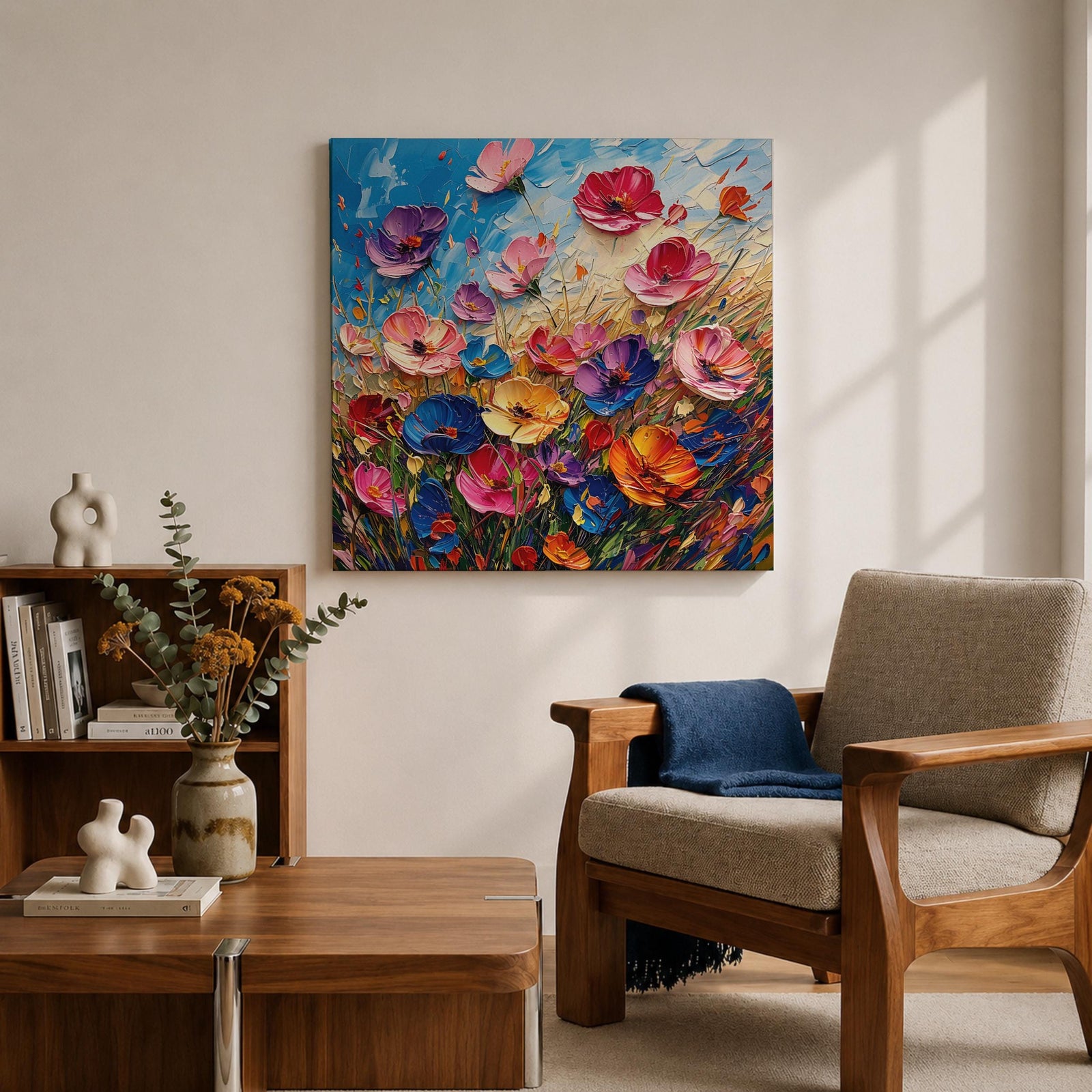 Wildflower Meadow Wall Art Botanical Garden Framed Canvas Impasto Floral Boho Home Decor