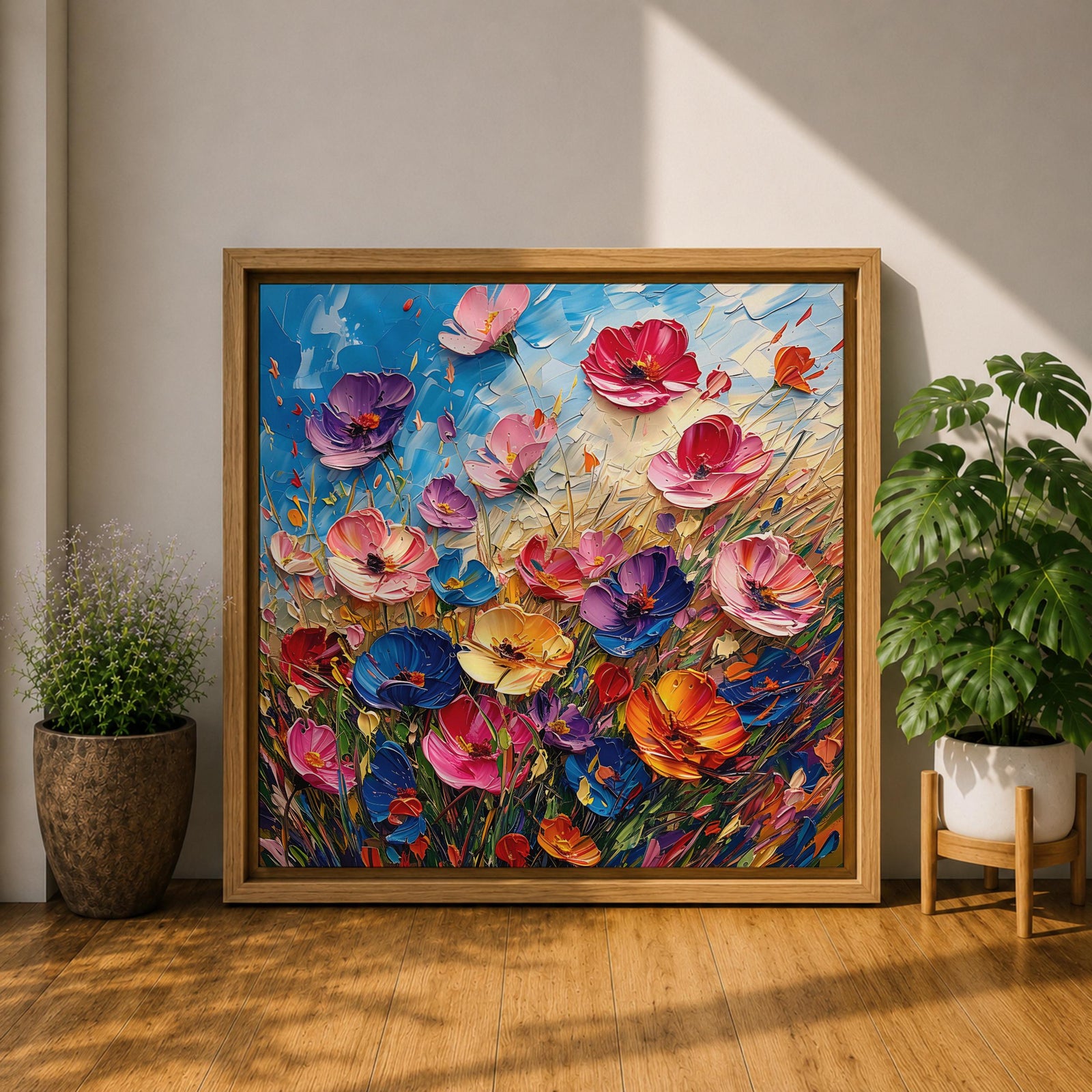 Wildflower Meadow Wall Art Botanical Garden Framed Canvas Impasto Floral Boho Home Decor