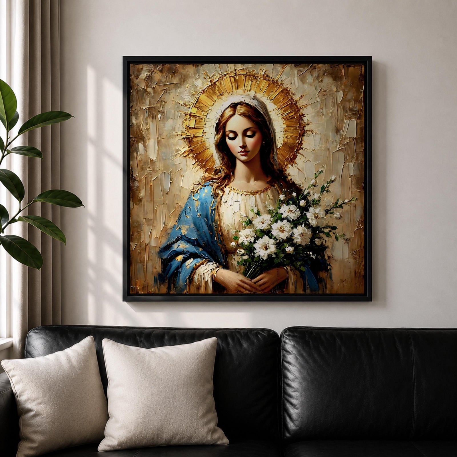 Virgin Mary Wall Art Our Lady of Grace Framed Canvas Impasto Catholic Home Decor