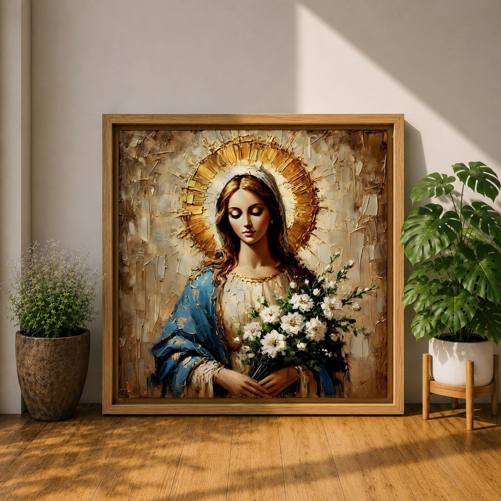 Virgin Mary Wall Art Our Lady of Grace Framed Canvas Impasto Catholic Home Decor