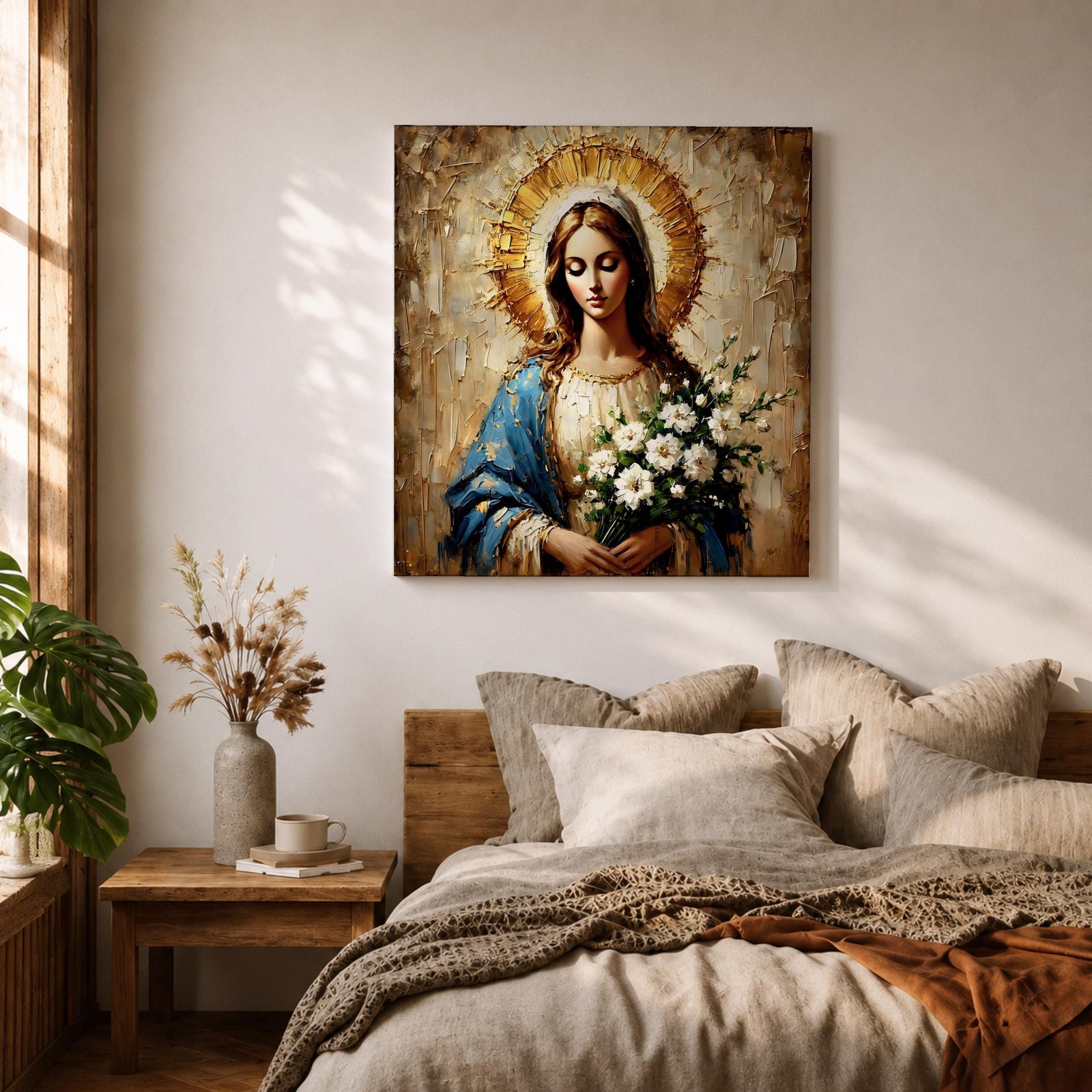 Virgin Mary Wall Art Our Lady of Grace Framed Canvas Impasto Catholic Home Decor