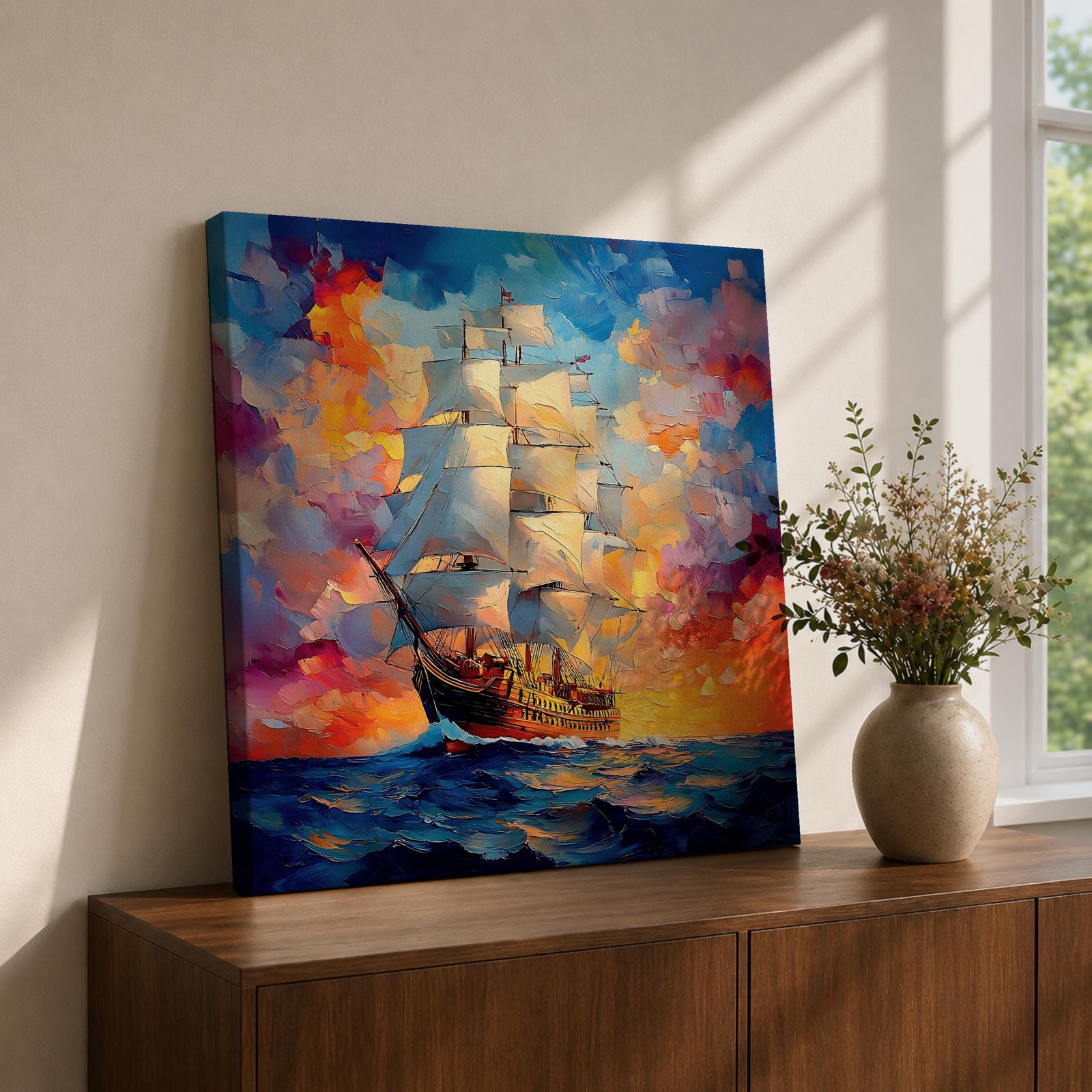 Sailing Ship Wall Art Tall Ship Framed Canvas Nautical Maritime Impasto Coastal Home Decor