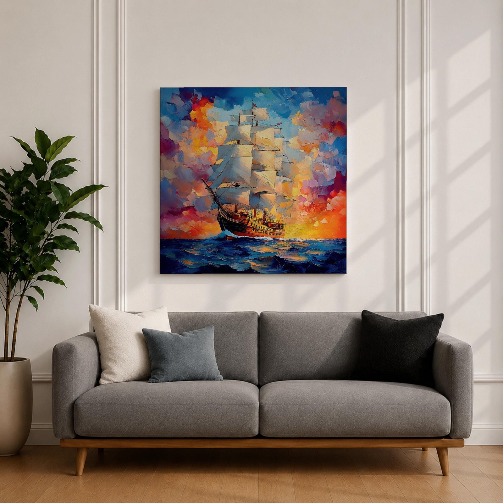 Sailing Ship Wall Art Tall Ship Framed Canvas Nautical Maritime Impasto Coastal Home Decor