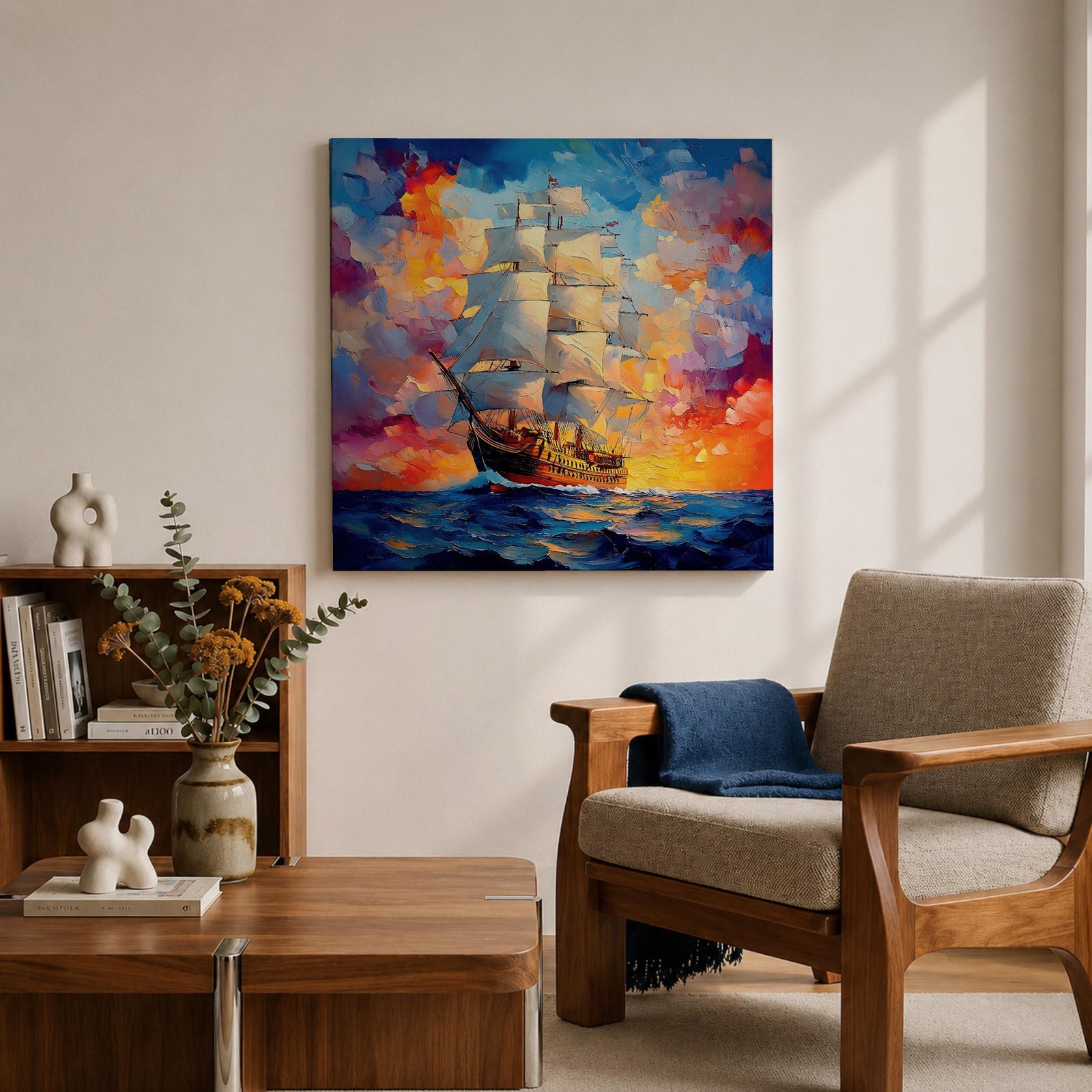 Sailing Ship Wall Art Tall Ship Framed Canvas Nautical Maritime Impasto Coastal Home Decor