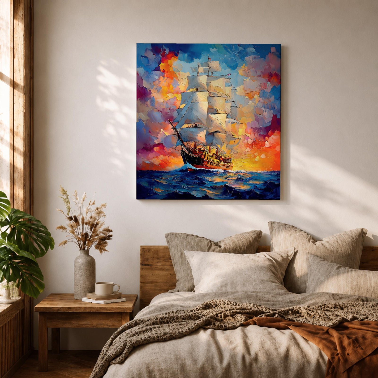 Sailing Ship Wall Art Tall Ship Framed Canvas Nautical Maritime Impasto Coastal Home Decor