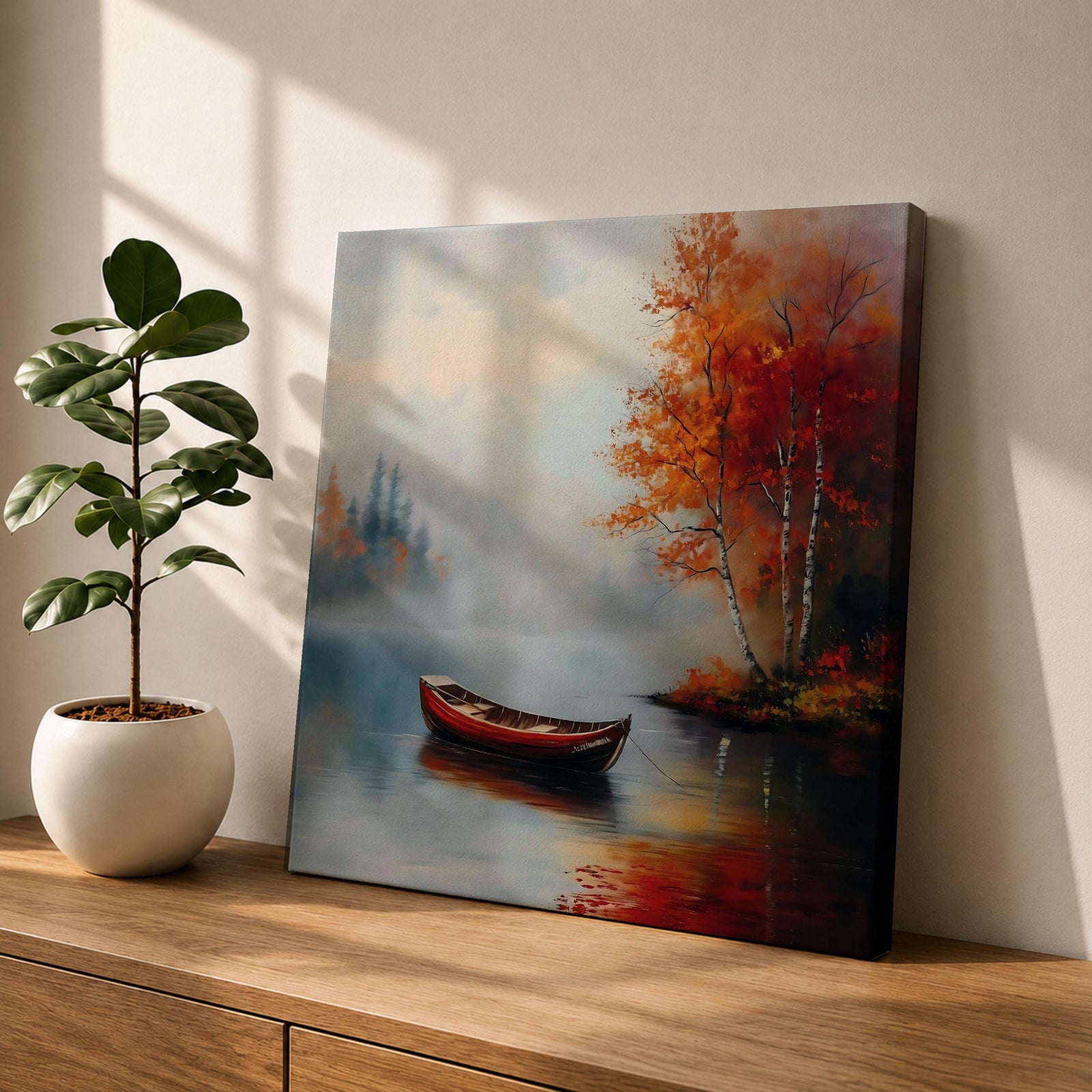 Autumn Lake Wall Art Canoe Landscape Framed Canvas Fall Foliage Vintage Cabin Home Decor