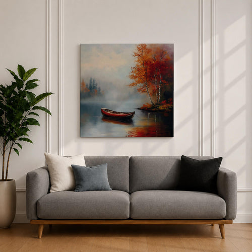 Autumn Lake Wall Art Canoe Landscape Framed Canvas Fall Foliage Vintage Cabin Home Decor