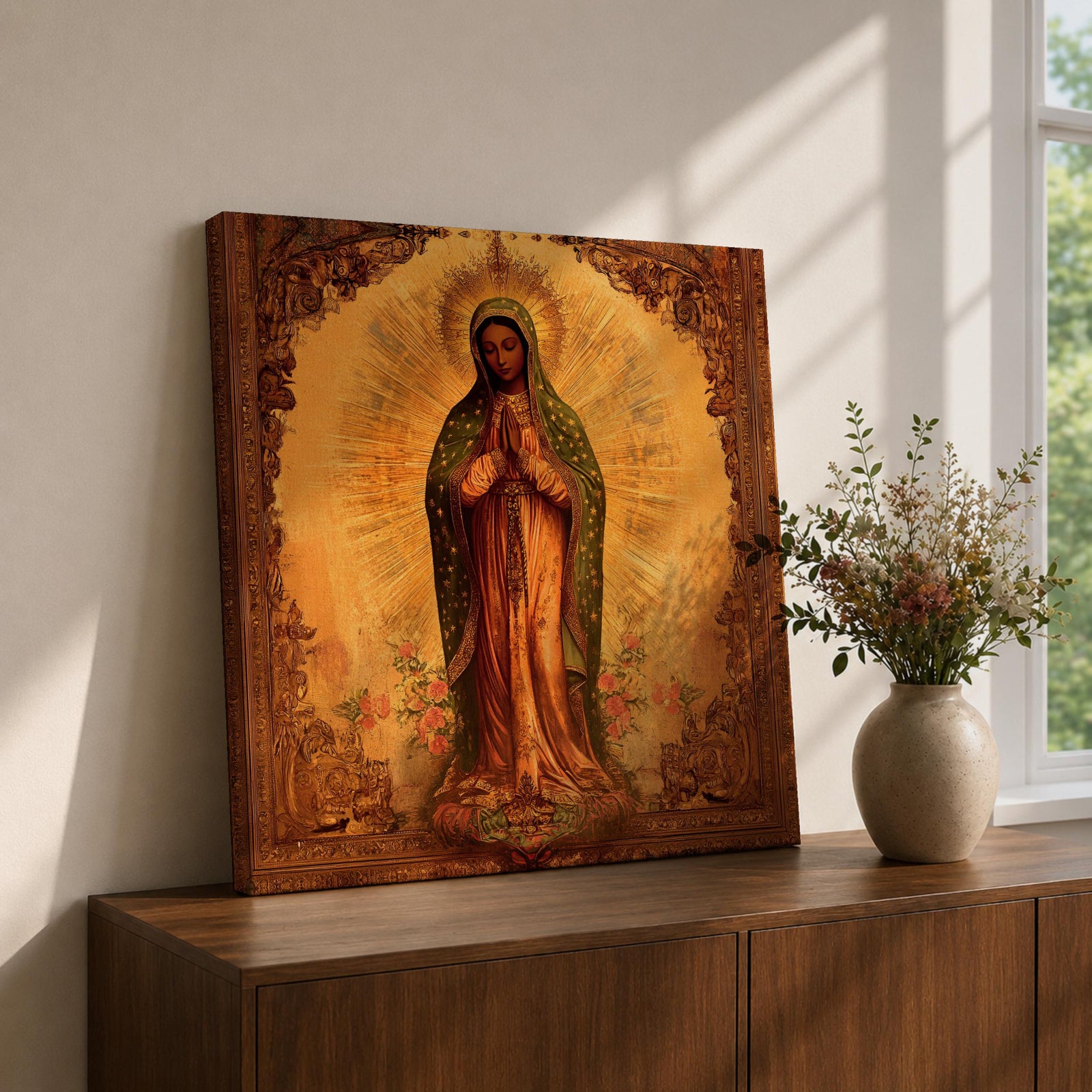 Our Lady of Guadalupe Wall Art La Morenita Framed Canvas Antique Catholic Home Decor