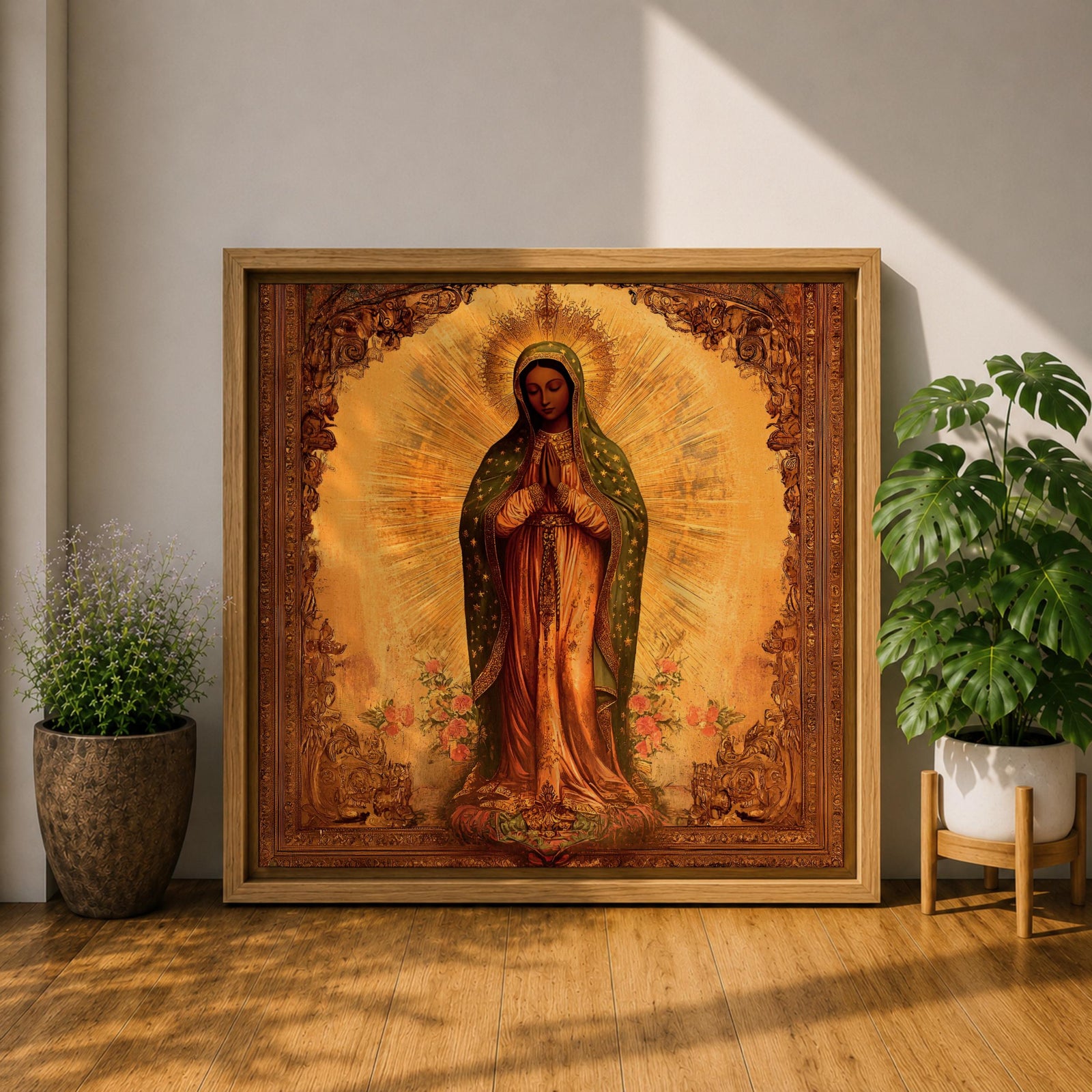 Our Lady of Guadalupe Wall Art La Morenita Framed Canvas Antique Catholic Home Decor