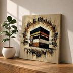 Golden Kaaba Wall Art Masjid Al Haram Framed Canvas Abstract Impasto Islamic Home Decor