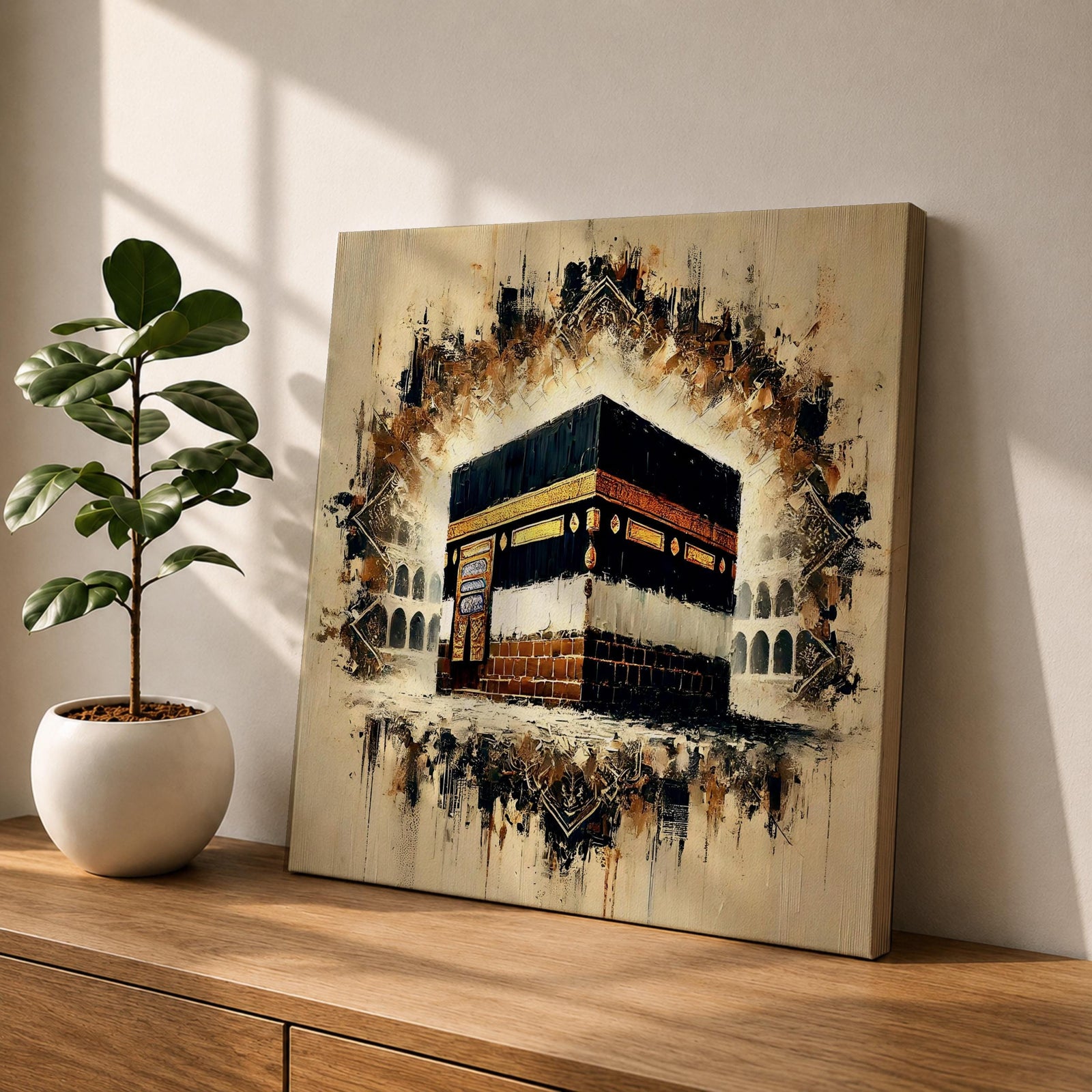 Golden Kaaba Wall Art Masjid Al Haram Framed Canvas Abstract Impasto Islamic Home Decor