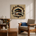 Golden Kaaba Wall Art Masjid Al Haram Framed Canvas Abstract Impasto Islamic Home Decor