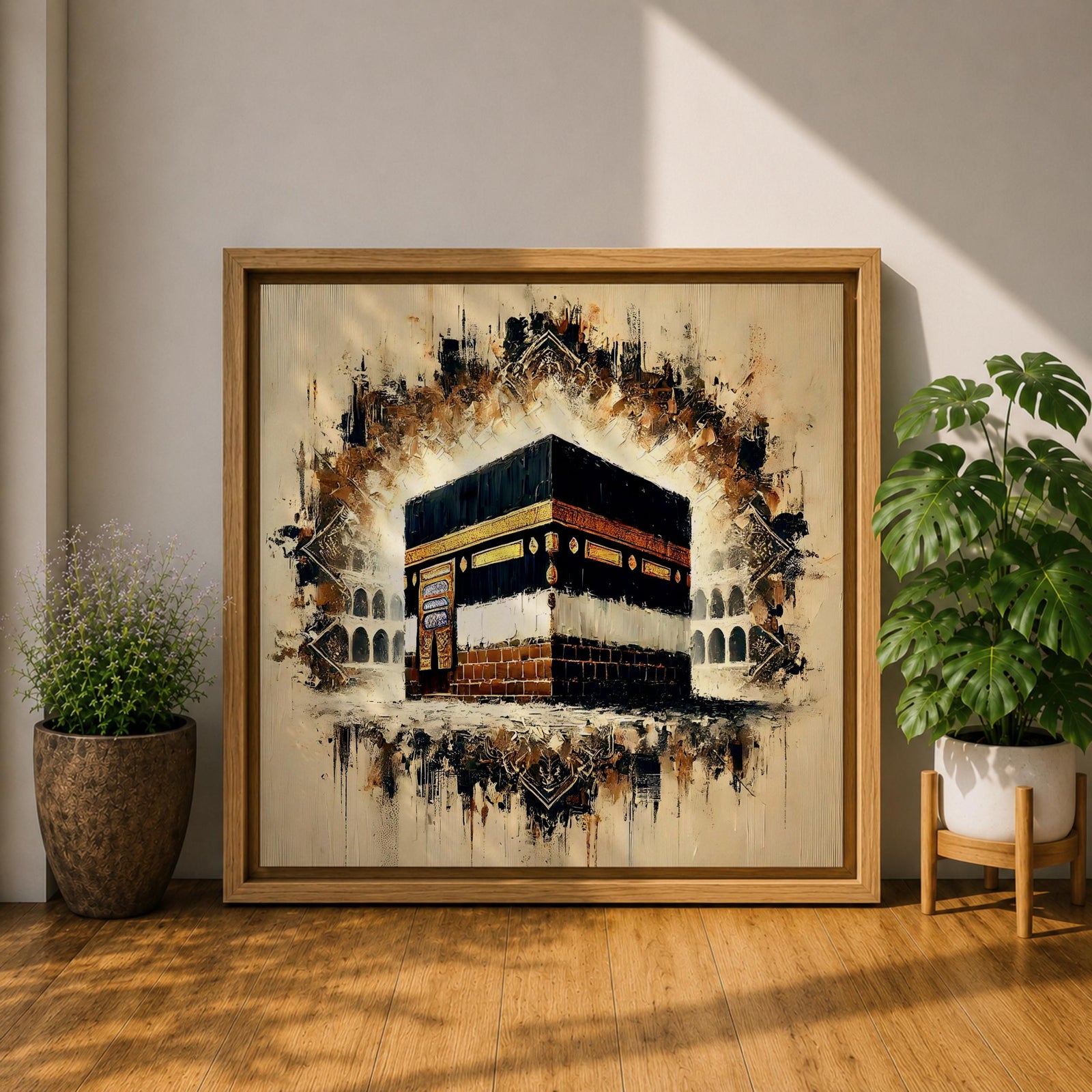 Golden Kaaba Wall Art Masjid Al Haram Framed Canvas Abstract Impasto Islamic Home Decor