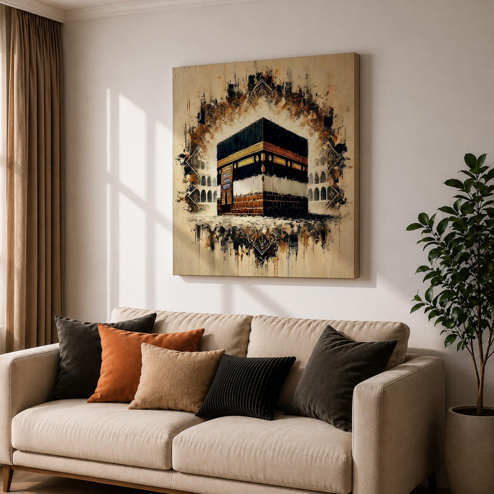 Golden Kaaba Wall Art Masjid Al Haram Framed Canvas Abstract Impasto Islamic Home Decor