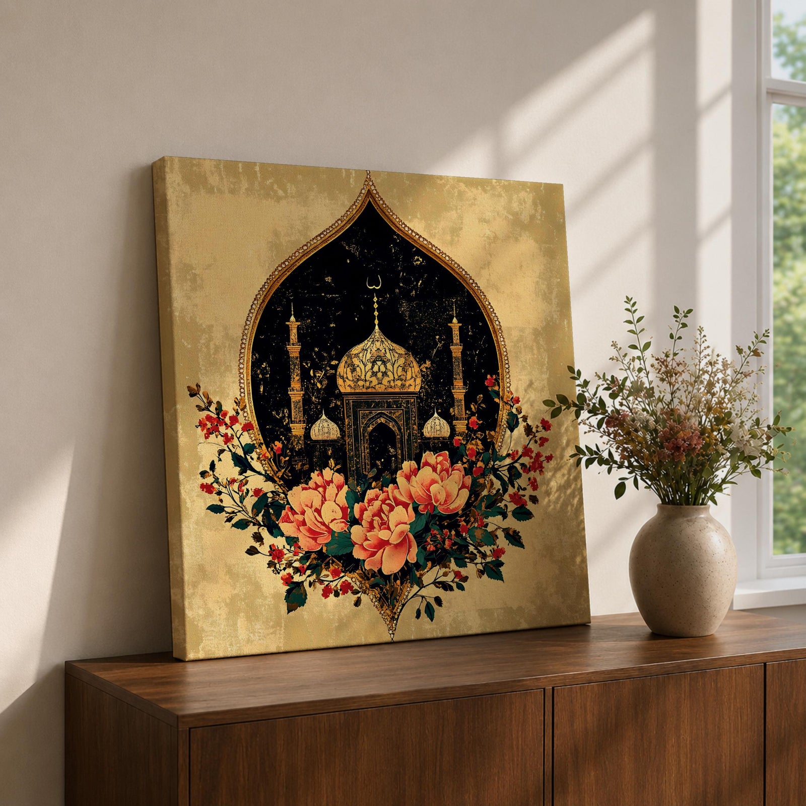 Floral Mosque Wall Art Persian Miniature Framed Canvas Vintage Islamic Prayer Room Home Decor