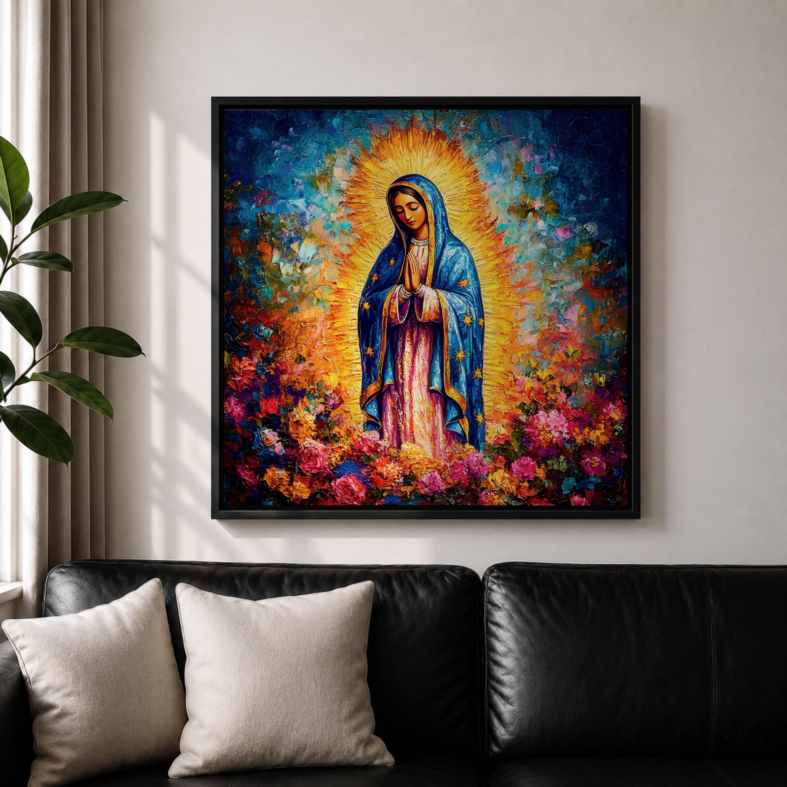 Our Lady of Guadalupe Wall Art La Guadalupana Framed Canvas Floral Catholic Home Decor