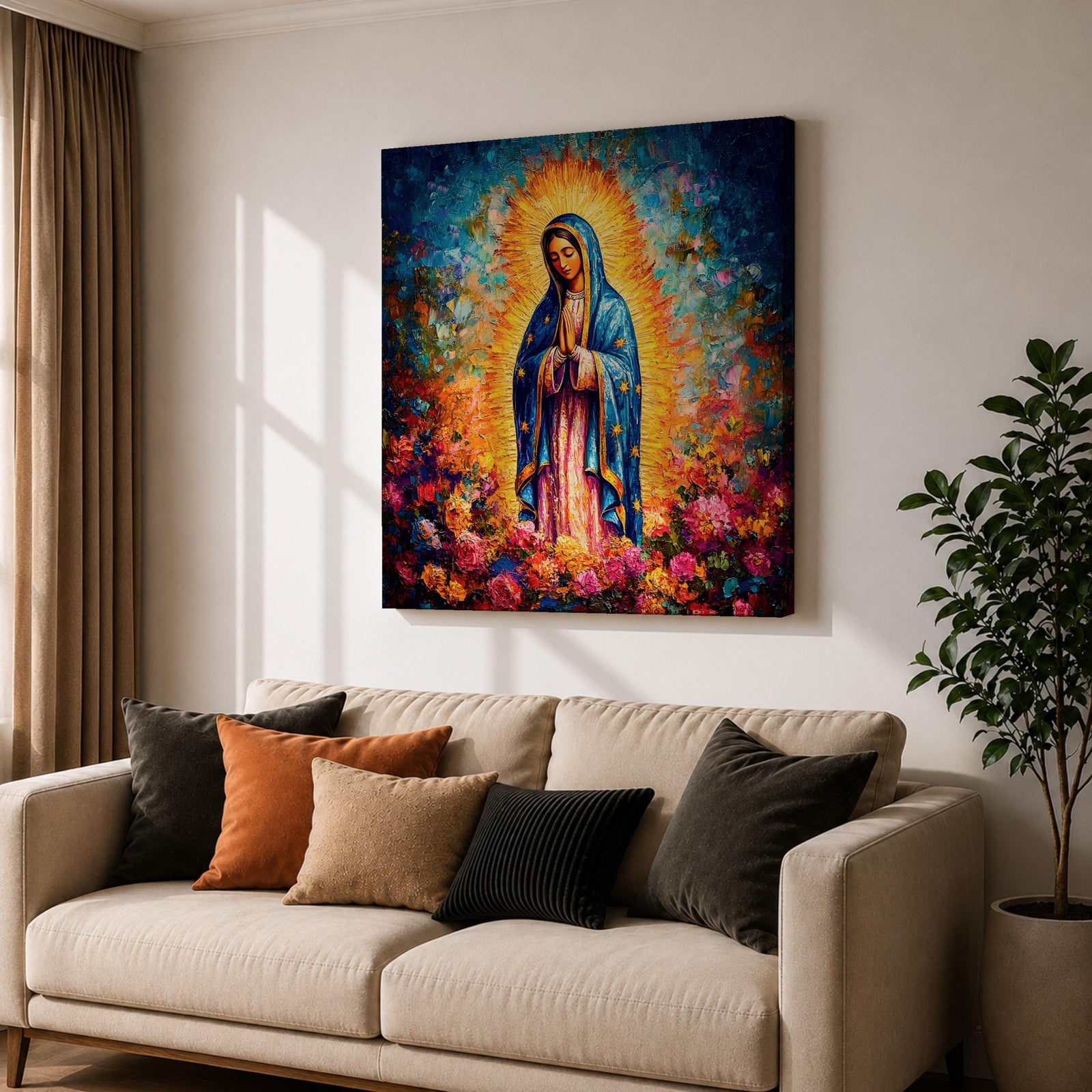 Our Lady of Guadalupe Wall Art La Guadalupana Framed Canvas Floral Catholic Home Decor